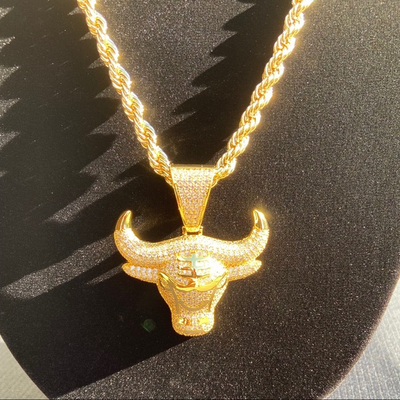 Gold Chain Rope Chain and Icy Bull Pendant Set - Picture 4 of 10